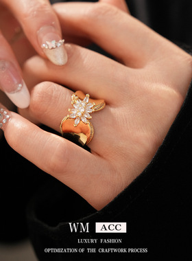 18k真金电镀镶锆石花朵戒指轻奢小众感食指戒个性冷淡风手饰