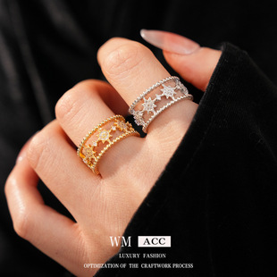 镶锆石双层芒星镂空开口戒指小众感指环精致气质时尚 百搭手饰