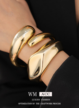 冷淡风褶皱椭圆交叉开口手镯欧美跨境个性百搭手环设计感小众手饰