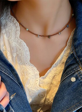 春款进口捷克珠彩色水滴吊坠颈链叠戴项链森林系复古锁骨链