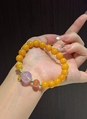 新款蜜蜡手串鸡油黄满蜜高仿老蜡琥珀手链明星爆款密蜡保真原石设