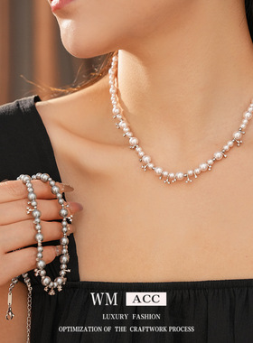 锆石珍珠串珠圆形吊坠项链轻奢小众锁骨链复古宫廷风饰品女感