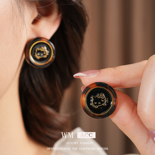 银针树脂kt猫圆形豹纹耳环小众感可爱耳钉时尚 复古美拉德耳饰