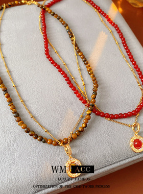 虎眼石玛瑙串珠圆形吊坠项链小众设计感锁骨链时尚复古美拉德饰品