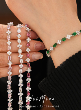 彩色锆石椭圆形花朵卡扣手链轻奢高级感手环时尚气质个性手饰批发