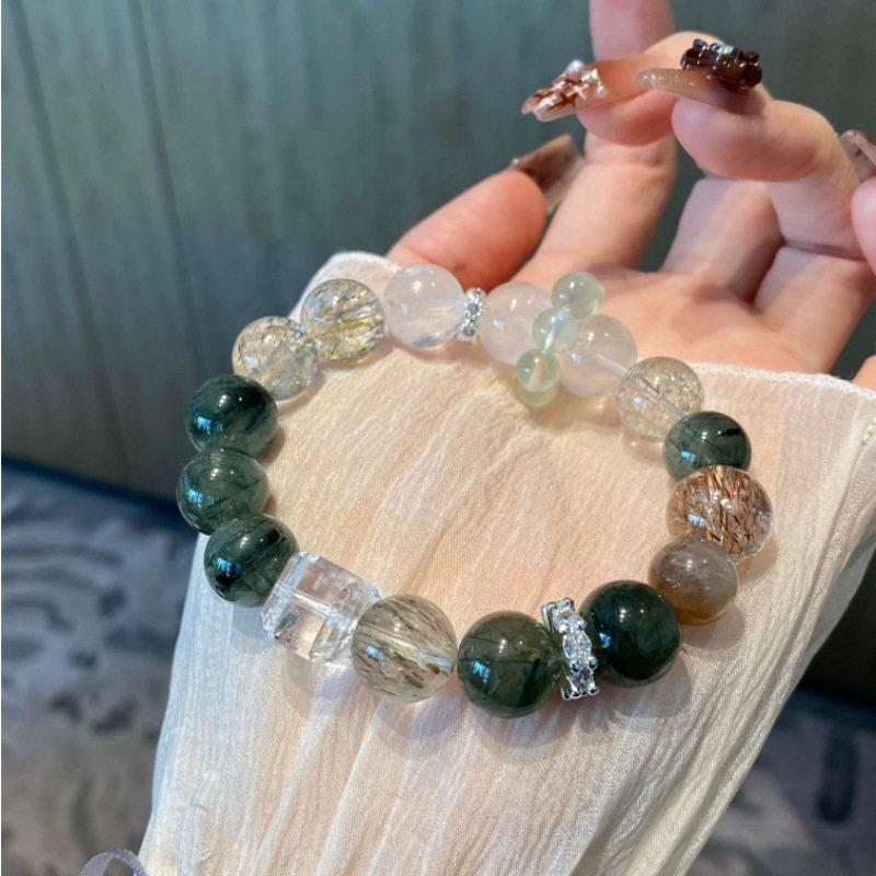 天然绿发晶黑金超白幽灵白水晶方糖手串葡萄石招财转运喜金水木女