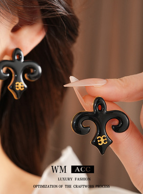 银针黑色复古风树脂耳钉轻奢感耳环欧美风个性耳饰设计感小众