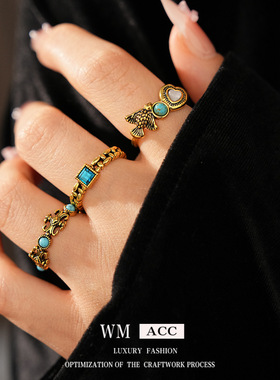 中古vintage镶钻方形开口戒指小众感食指戒时尚复古百搭手饰