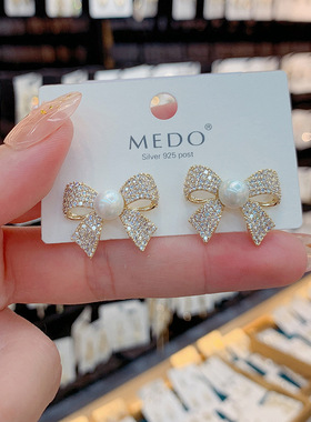S925银针微镶蝴蝶结珍珠耳环韩国气质百搭银针耳钉网红简约耳饰女