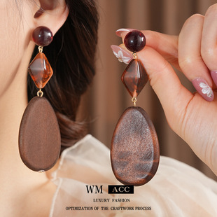 银针树脂木珠椭圆形方形耳环气质感百搭耳钉复古民族风耳饰女