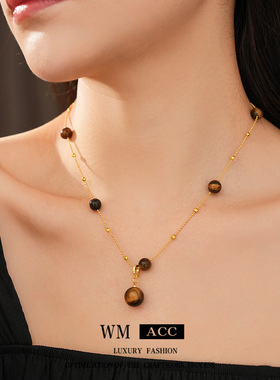 美拉德虎眼石圆形吊坠项链时尚复古锁骨链设计感小众饰品女感