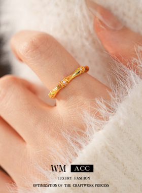 中古vintage锆石竹节开口戒指小众感食指戒时尚复古百搭手饰