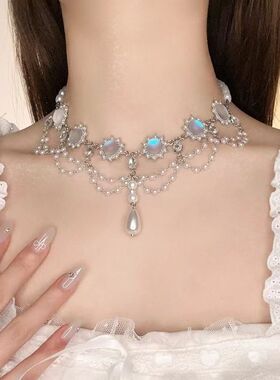 跨境镶钻流苏水滴珍珠项链女复古轻奢时尚高级感百搭锁骨链饰品