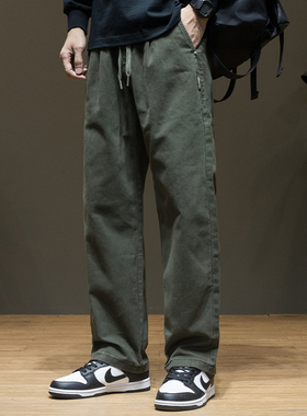 纯棉军绿色休闲直筒裤男士2025秋季新款宽松大码秋冬加绒工装长裤