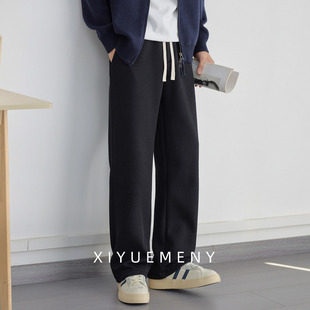 希越简约黑色直筒卫裤男宽松加绒保暖裤子冬季新款纯色百搭休闲裤