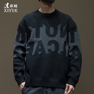 宽松大码 美式 2025秋冬季 休闲针织衫 线衣 高街提花撞色慵懒毛衣男士