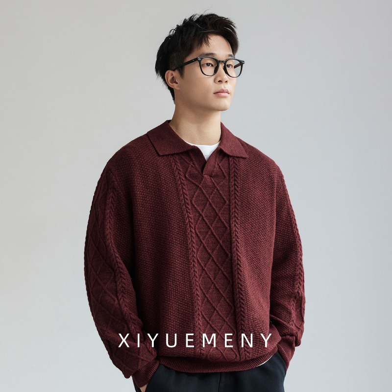冬季红色提花纹理针织毛衣男