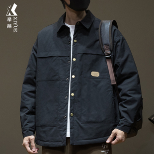 式 男士 棉衣男宽松大码 风夹克2025秋冬款 翻领外套 黑色工装 春秋衬衫