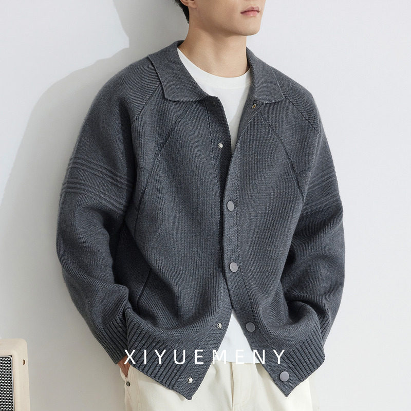 希越老钱风翻领开衫保暖毛衣男冬季新款宽松大码百搭休闲针织外套