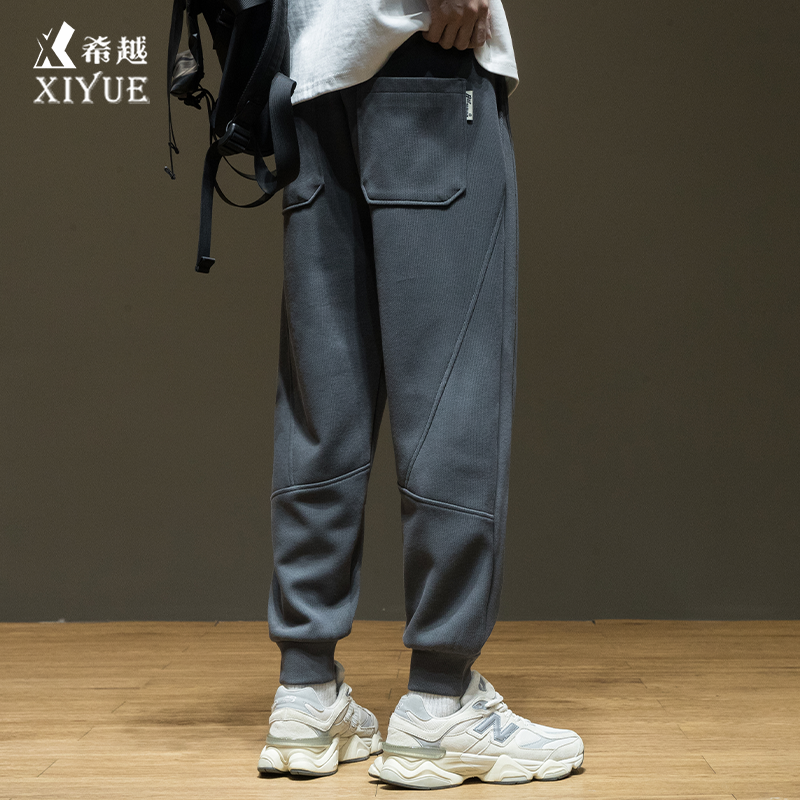 宽松休闲针织加厚加绒卫裤男2025年秋冬拼接抽绳大码运动束脚裤子