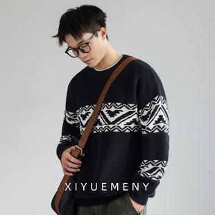 百搭上衣 宽松大码 高端撞色花纹针织毛衣男圆领毛线衣2025冬季 新款