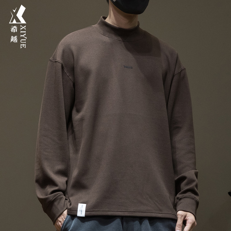 希越双面德绒半高领保暖长袖T恤男士秋冬宽松大码纯色内搭打底衫