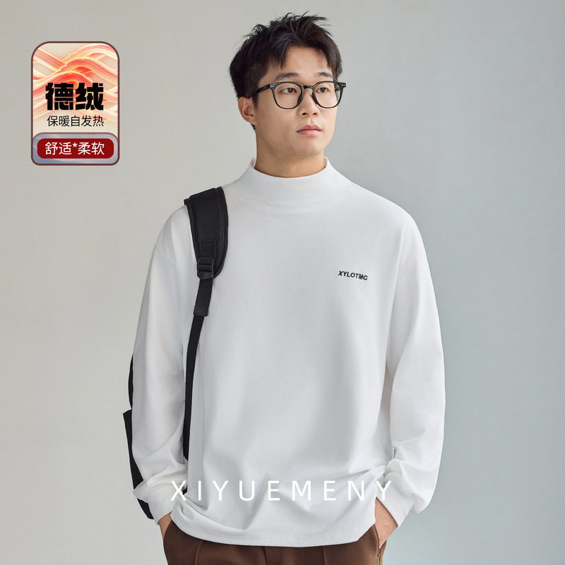 德绒阳离子字母绣花保暖长袖T恤