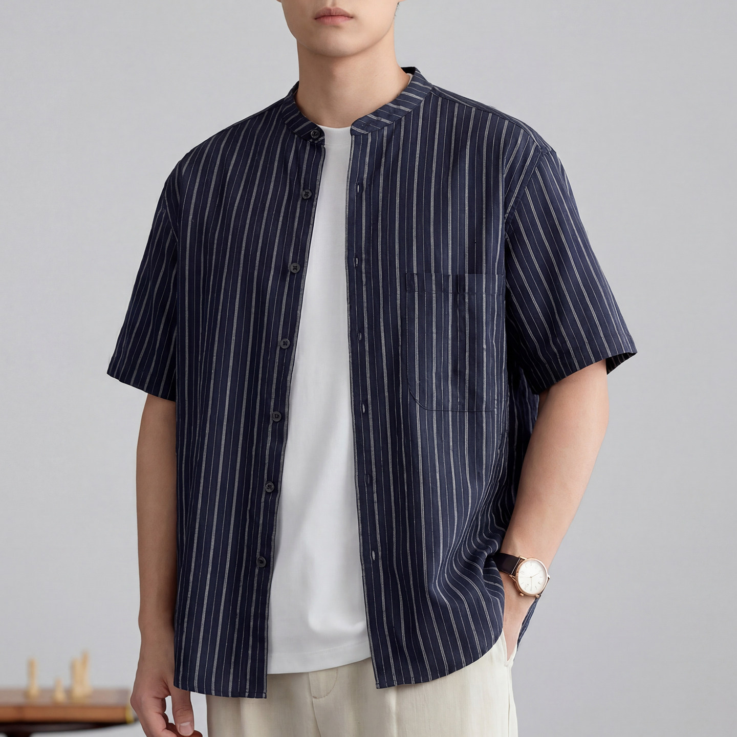 希越松弛感复古亨利领短袖衬衫男夏季莱赛尔天丝凉感休闲条纹衬衣