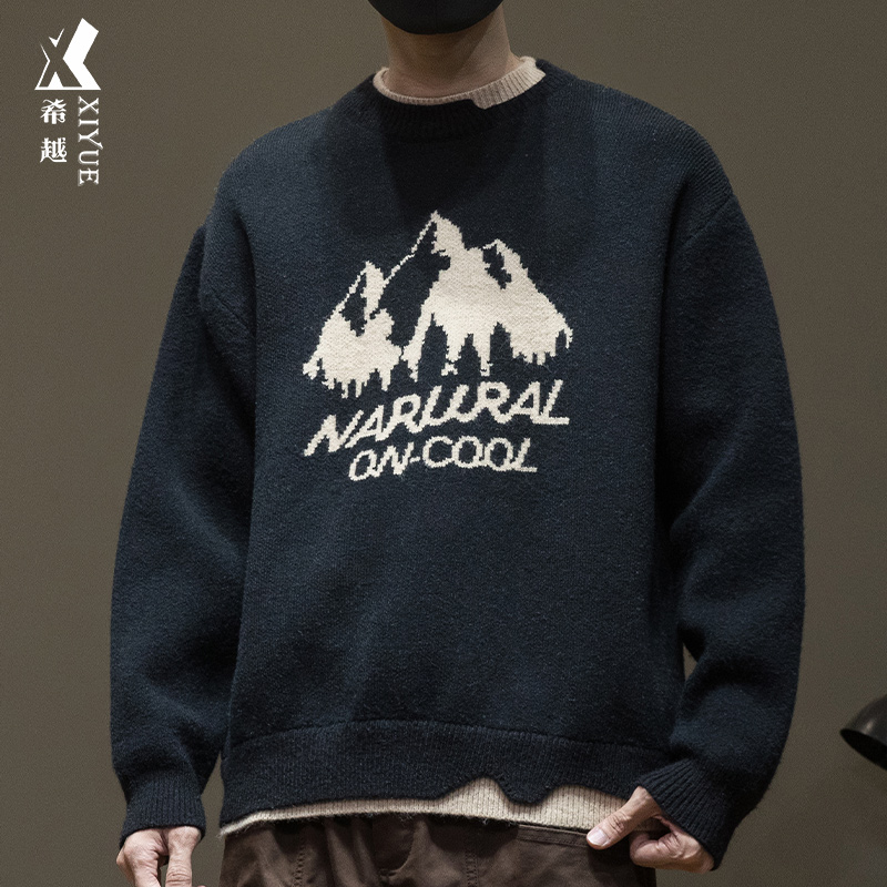 重磅800g假两件针织毛衣男2025秋冬季宽松大码日系休闲保暖打底衫