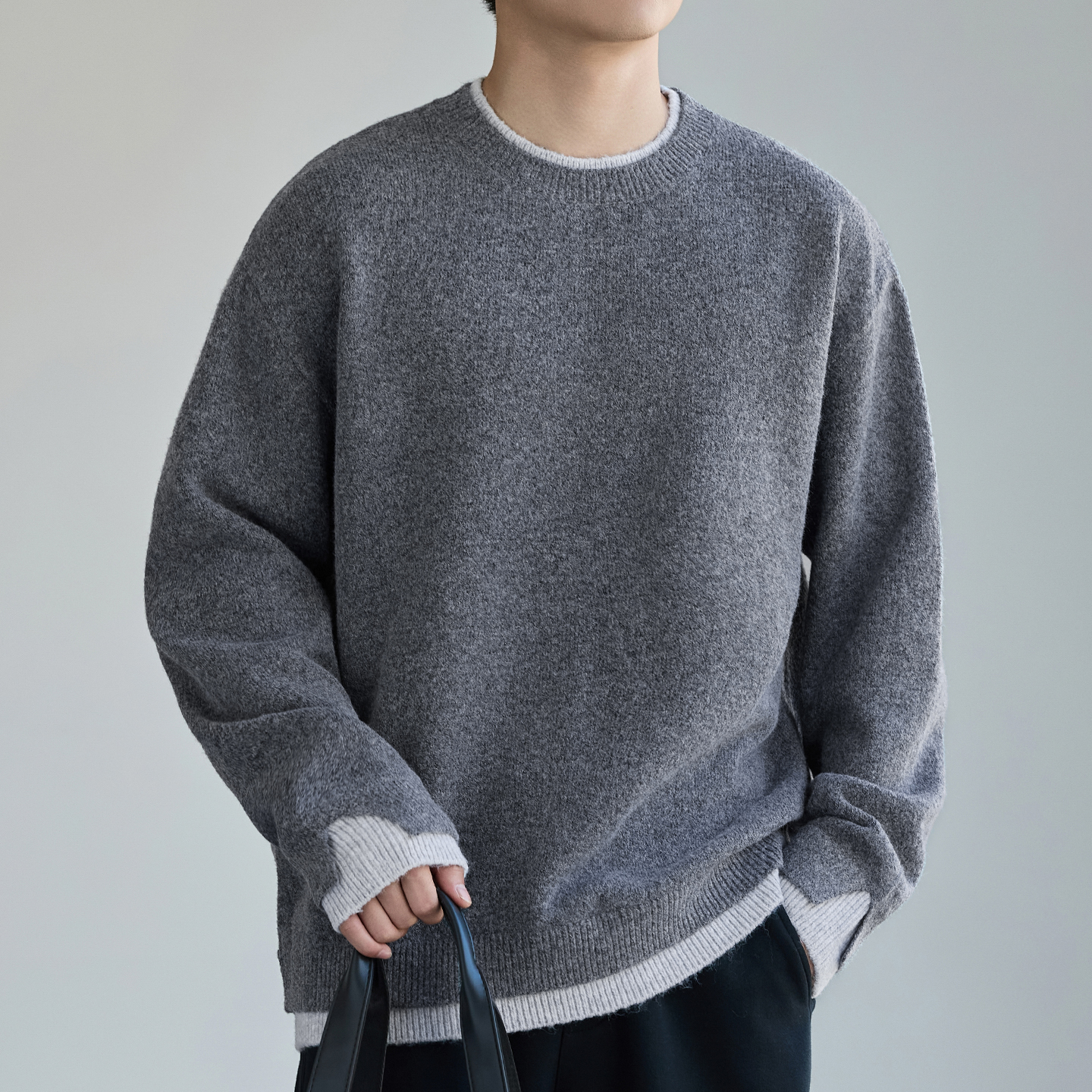 希越假两件撞色拼接针织毛衣男