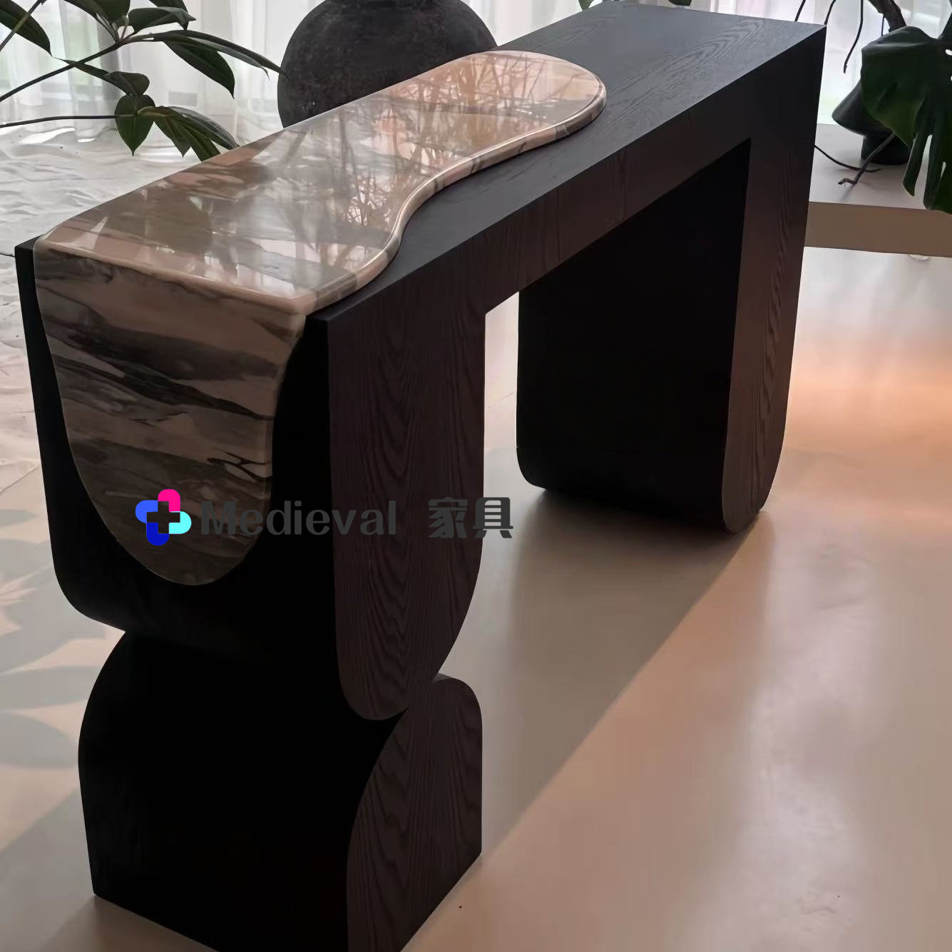 中古风实木天然大理石玄关台复古风设计师轻奢家用客厅入户玄关桌