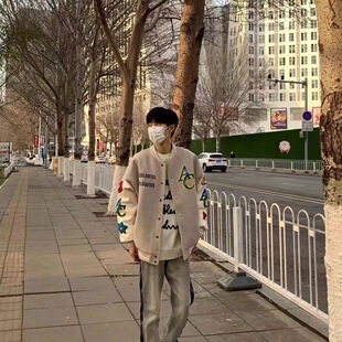 Achock美式碎花毛巾绣植绒夹克杏色单排扣棒球服男女潮