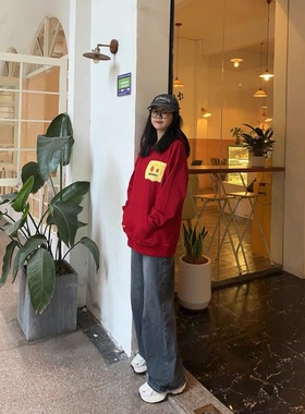 DSP五行贴布袋卫衣连帽宽松国潮百搭潮流套头印花红色运动上衣