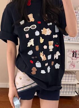 TWOI 藏青色美好事物短袖T恤夏季宽松圆领百搭情侣上衣美式半袖女