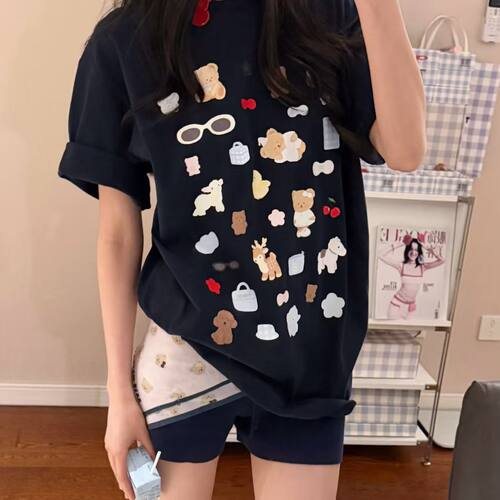 TWOI 藏青色美好事物短袖T恤夏季宽松圆领百搭情侣上衣美式半袖女
