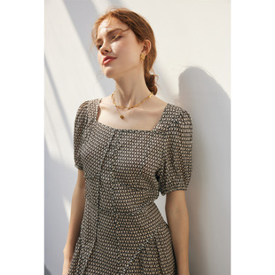 印花方领100%桑蚕丝裙ML297 年轻款 短袖 真丝连衣裙女2024春夏新款