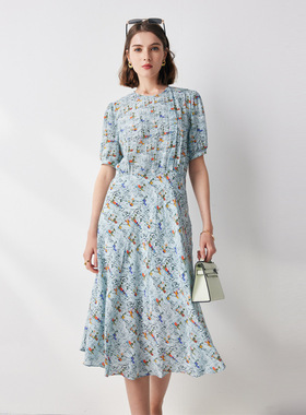 短袖真丝连衣裙女2024夏季新款圆领双绉印花100%桑蚕丝裙ML-345