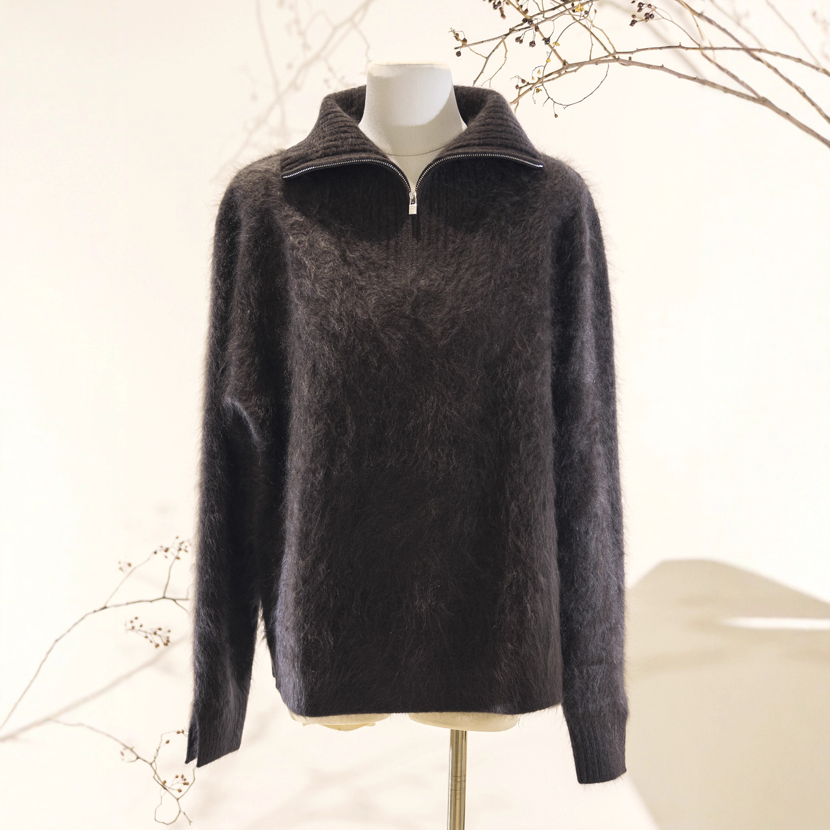 重磅拉绒100%山羊绒翻领针织衫女秋冬套头毛衣