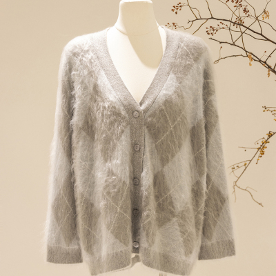 新款V领菱格图案100山羊绒女士时尚开衫JS-019