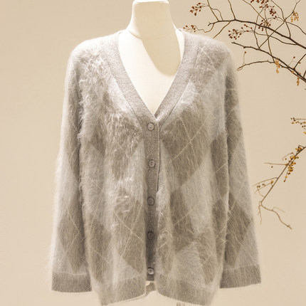 新款V领菱格图案100山羊绒女士时尚开衫JS-019