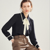 黑白尖领飘带真丝衬衫 231