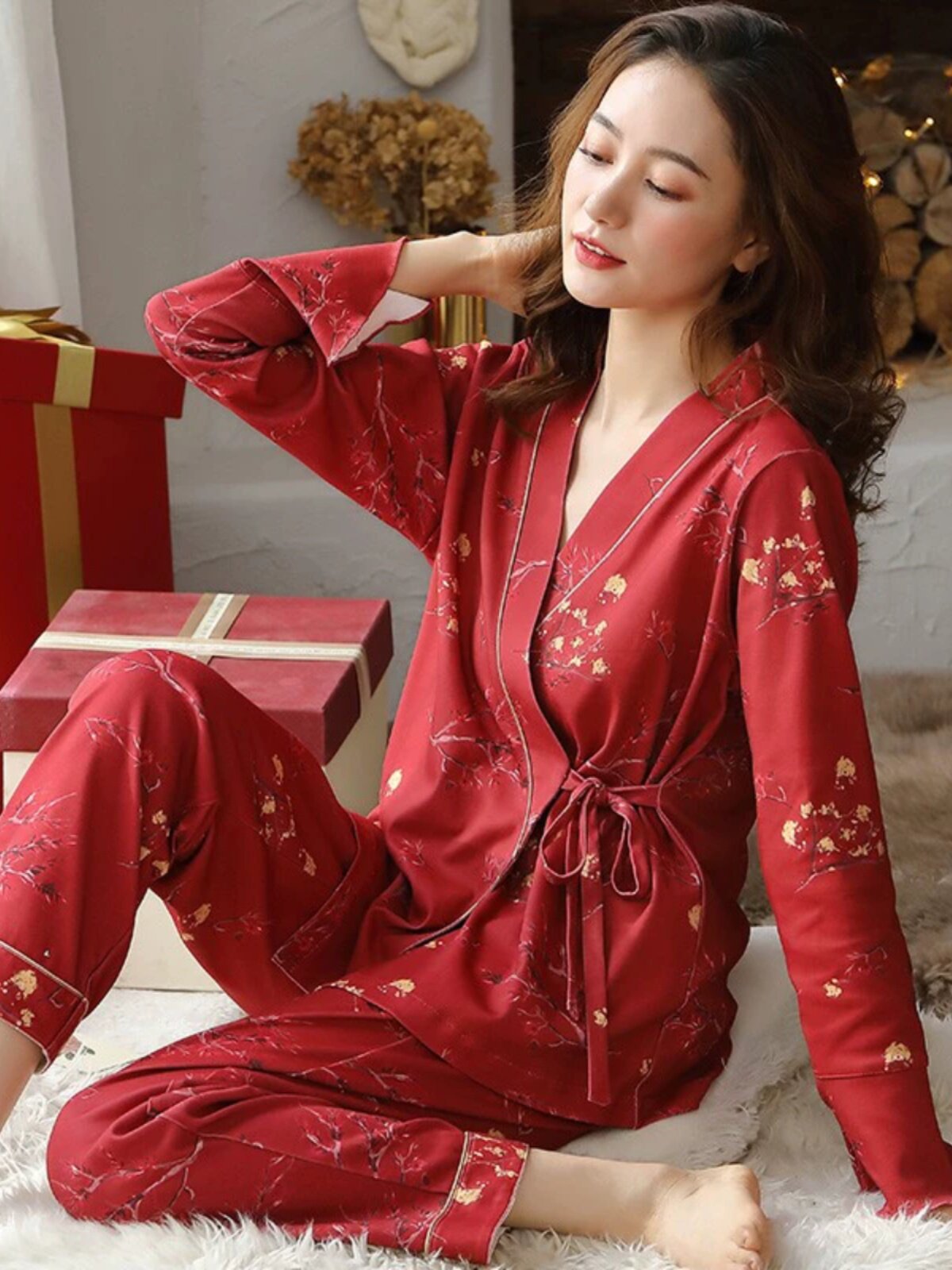 罗丽丝睡衣女春秋纯棉秋季长袖大码宽松可外穿和服红色本命年高档