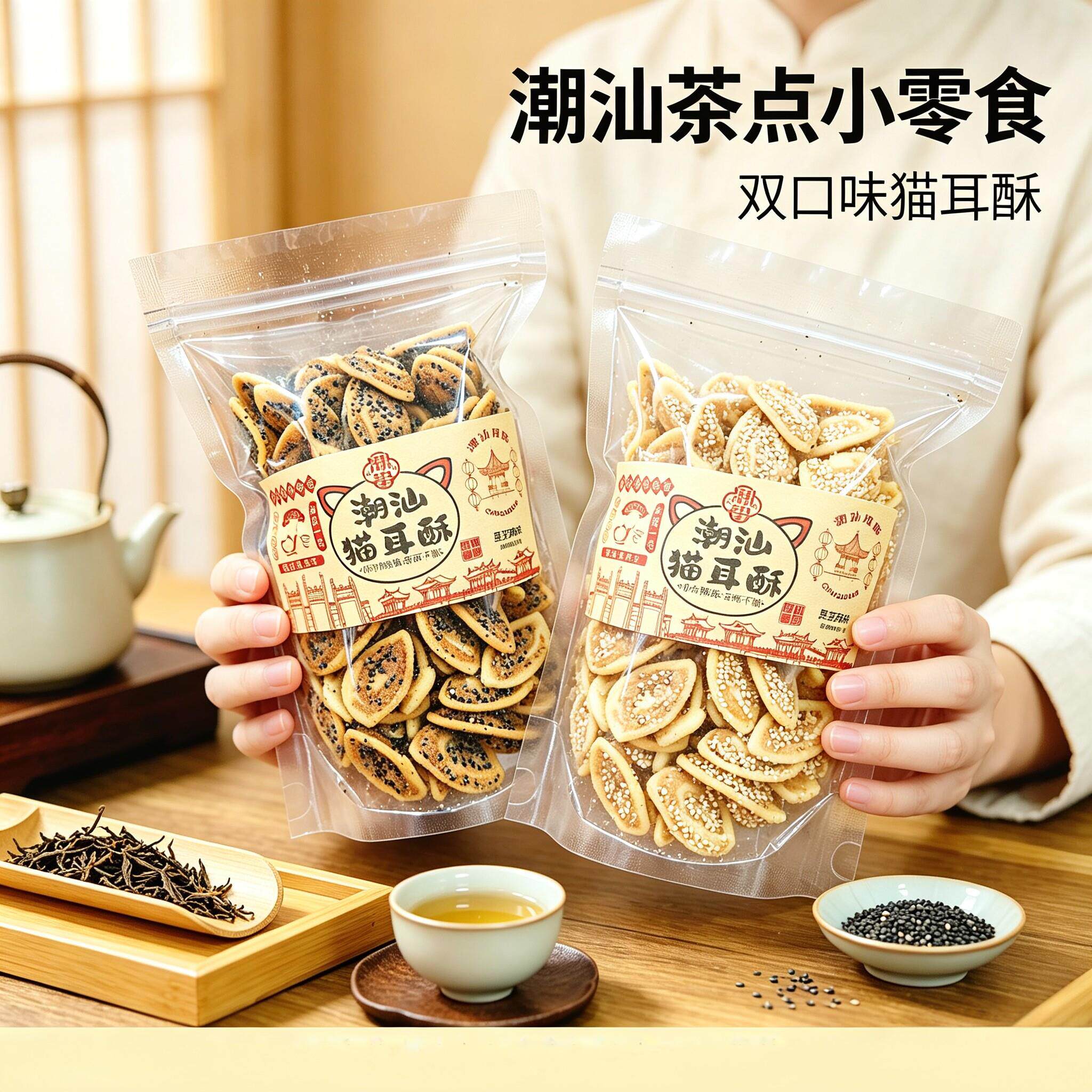 *潮汕特产猫耳酥糕点心办公休闲零食小吃黑芝麻白芝麻解馋猪耳朵