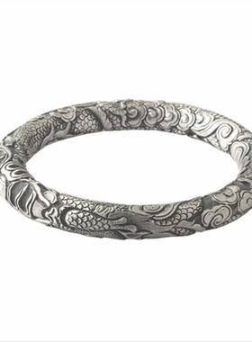 满雕实心双龙戏珠祥云银霸气手镯