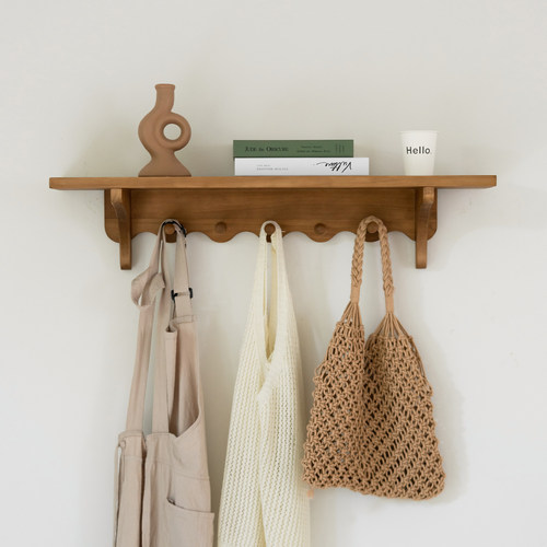润家复古实木隔板置物架挂衣钩