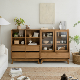 润家家居实木斗柜原木组合柜简约客厅餐边柜落地玻璃收纳柜储物柜