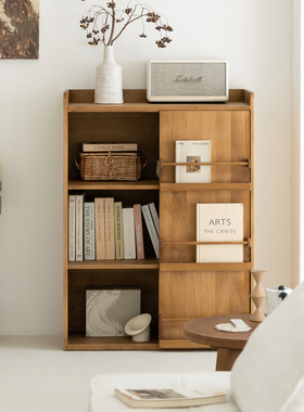 润家家居实木落地书柜推拉门收纳柜储物柜客厅原木风矮柜书架柜