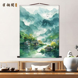 青山绿水山水风景挂画书房玄关客厅装饰字画走廊沙发背景墙丝绸画