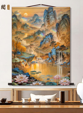 仙家堂口客厅山水画仙堂背景东北堂屋供奉风水画风景画丝绸挂画轴