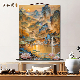 仙家堂口客厅山水画仙堂背景东北堂屋供奉风水画风景画丝绸挂画轴